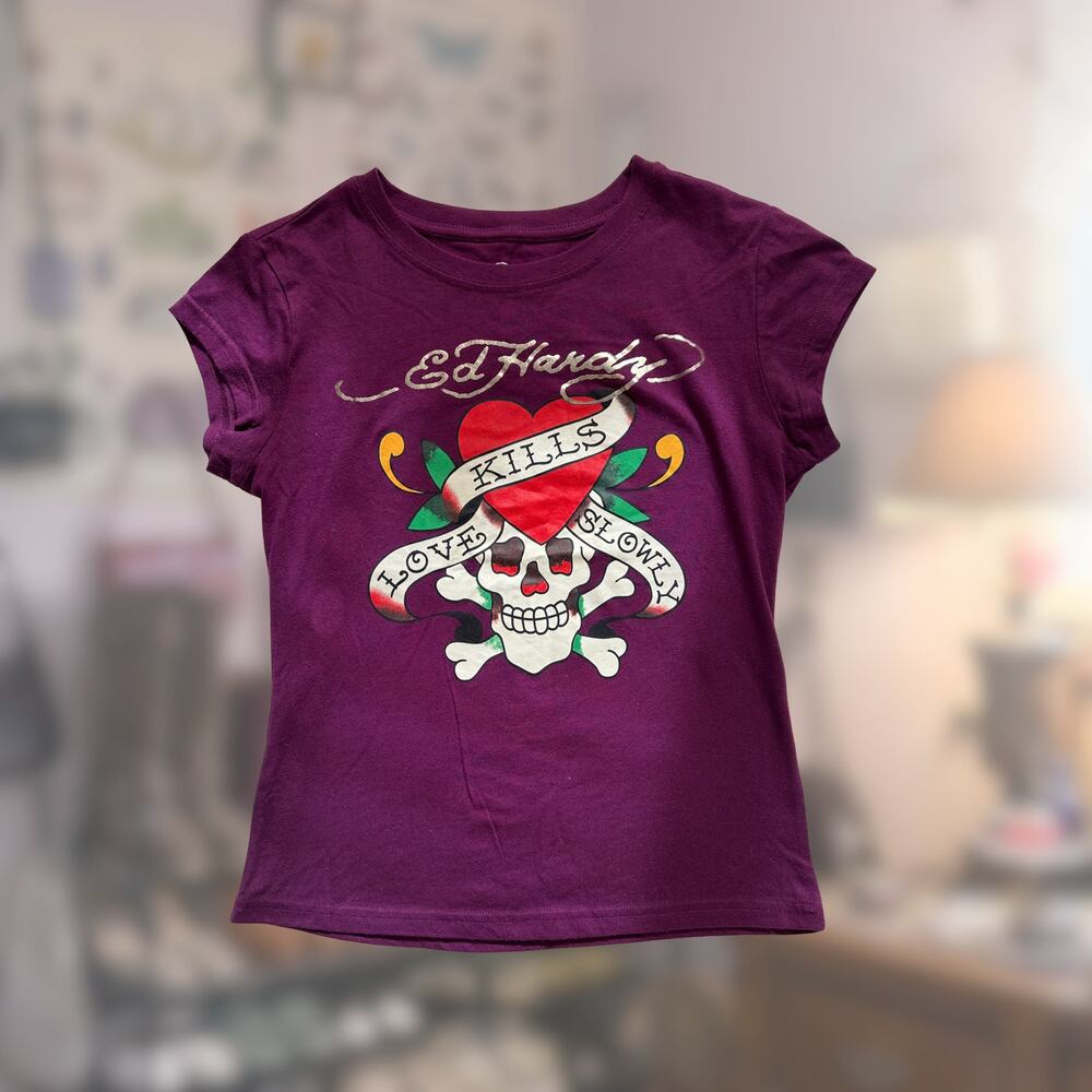 Ed Hardy Medium Purple Baby Tee Tshirt Tattoo Skull Love Kills Slowly McBling